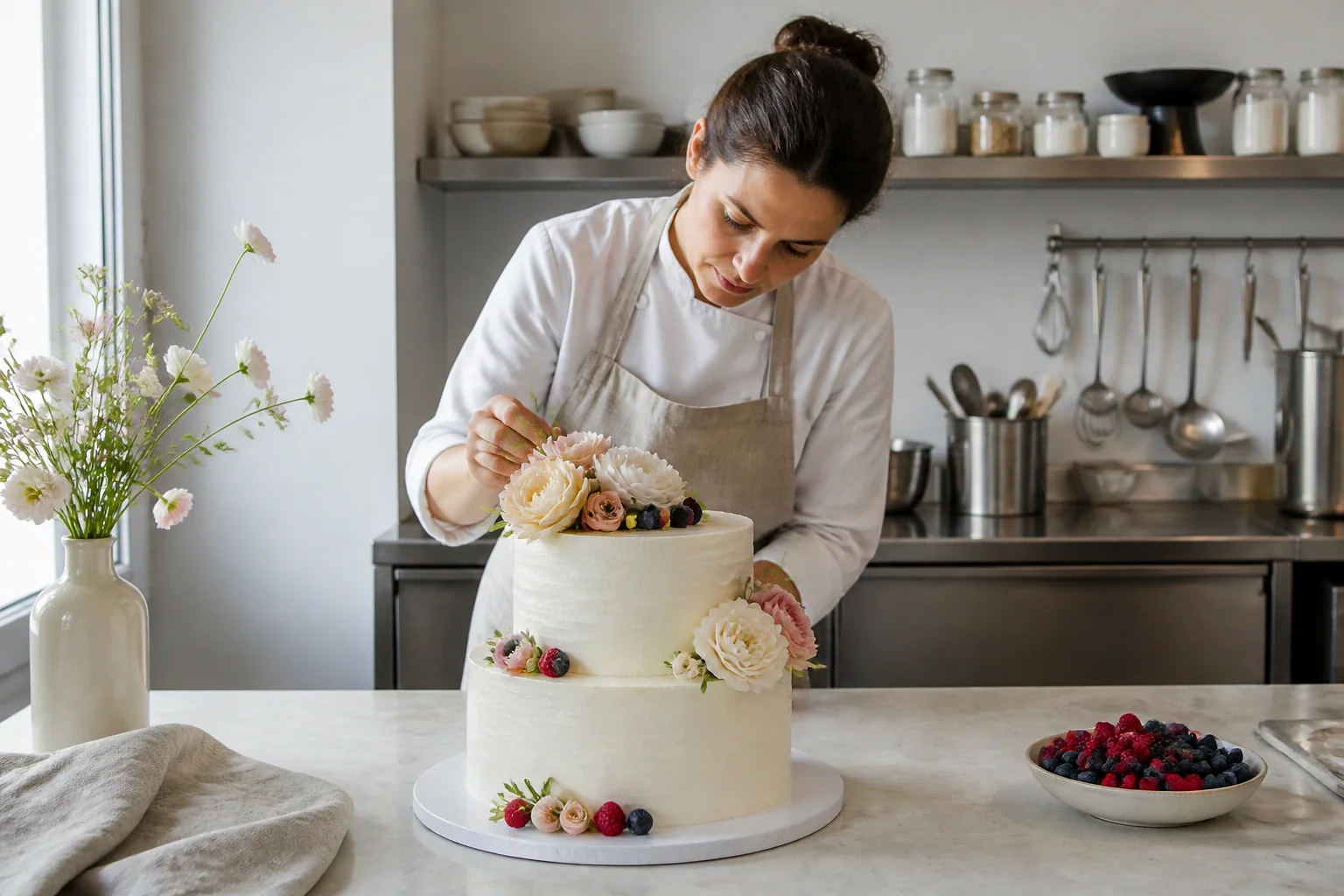 Gâteau de mariage préparé dans un atelier — illustration générée par IA