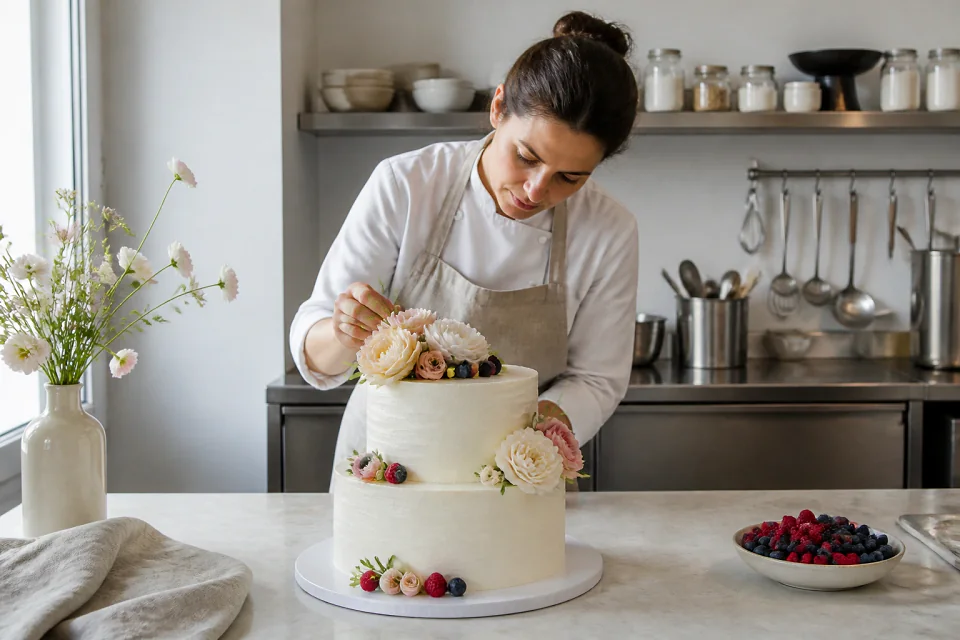 Gâteau de mariage préparé dans un atelier — illustration générée par IA
