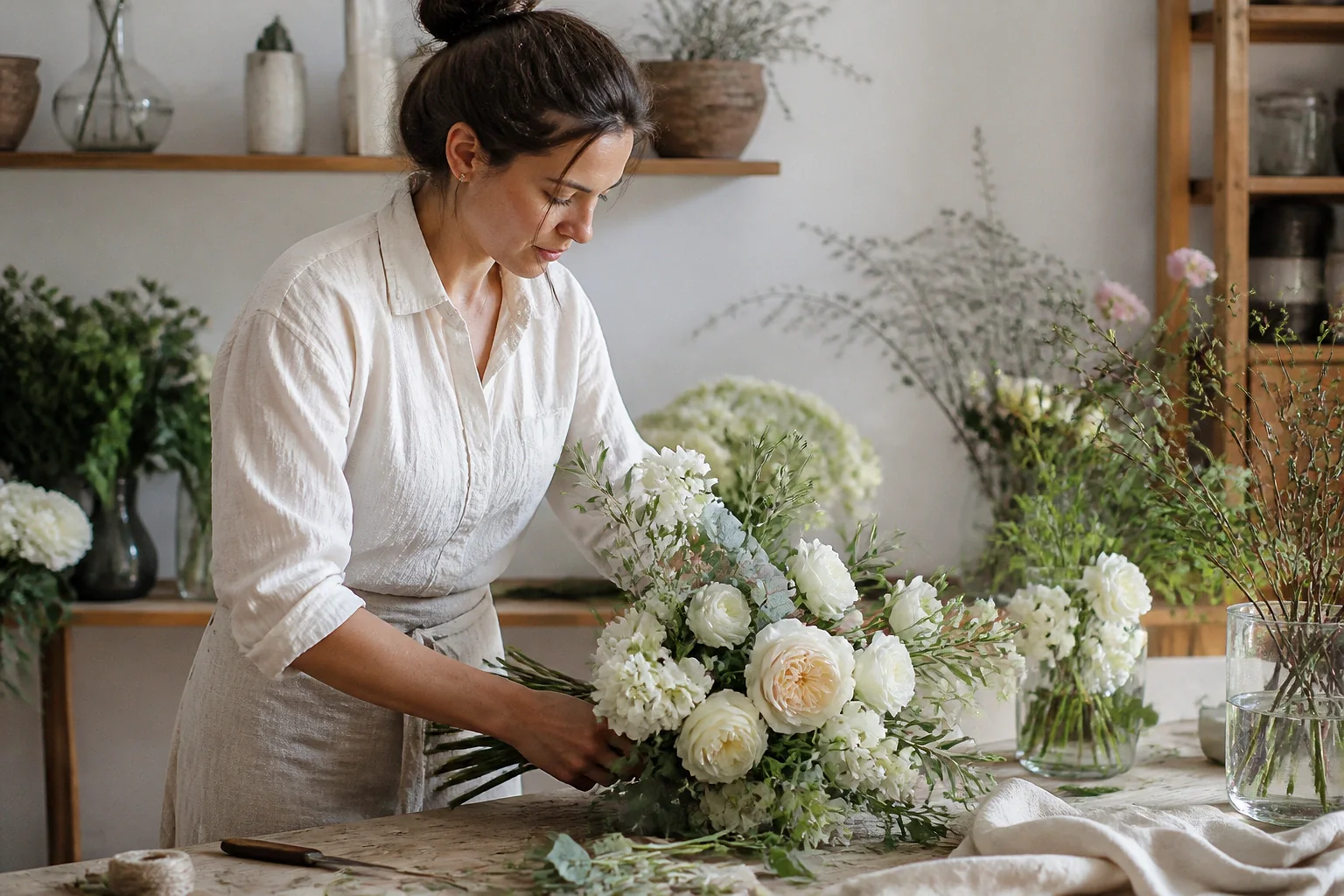 Préparation florale pour un mariage — illustration générée par IA