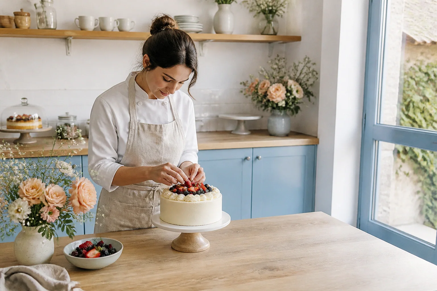 Gâteau de mariage préparé dans un atelier — illustration générée par IA