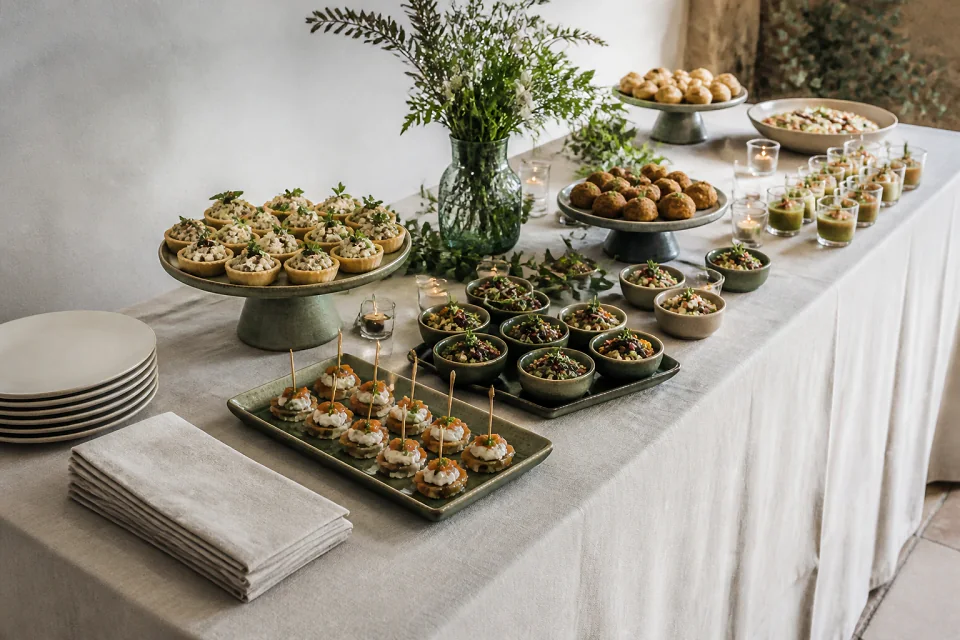 Préparations salées pour un cocktail de mariage — illustration générée par IA