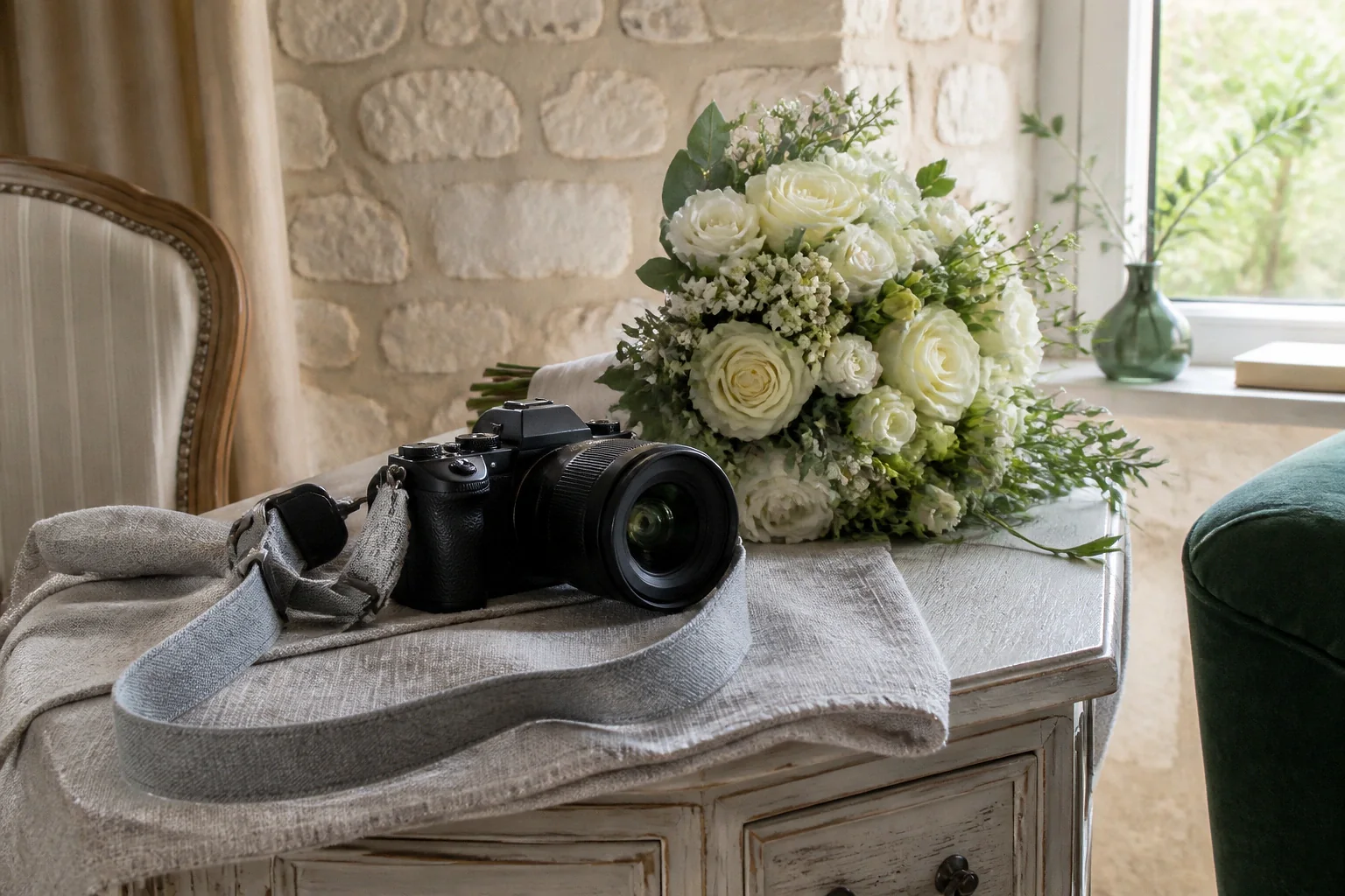 Appareil photo et accessoires de reportage de mariage — illustration générée par IA