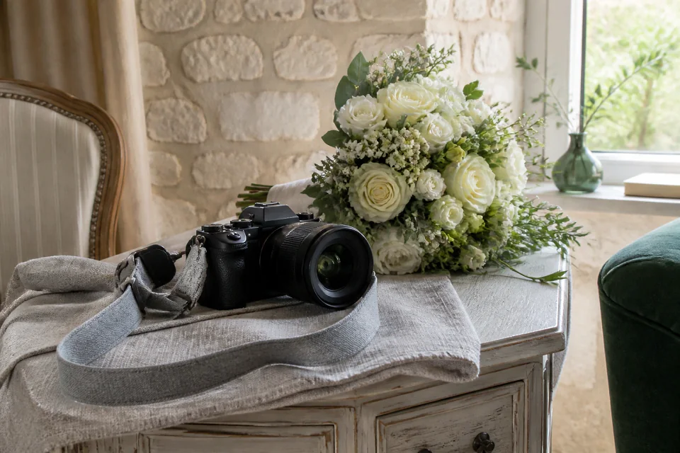 Appareil photo et accessoires de reportage de mariage — illustration générée par IA