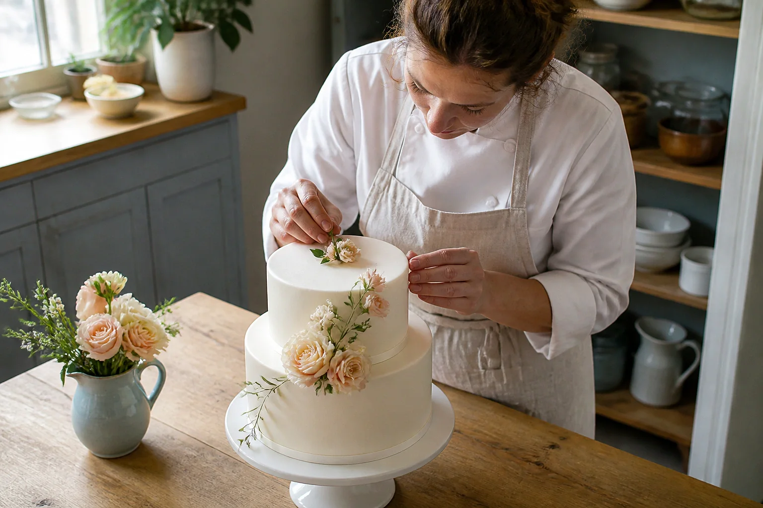 Gâteau de mariage préparé dans un atelier — illustration générée par IA