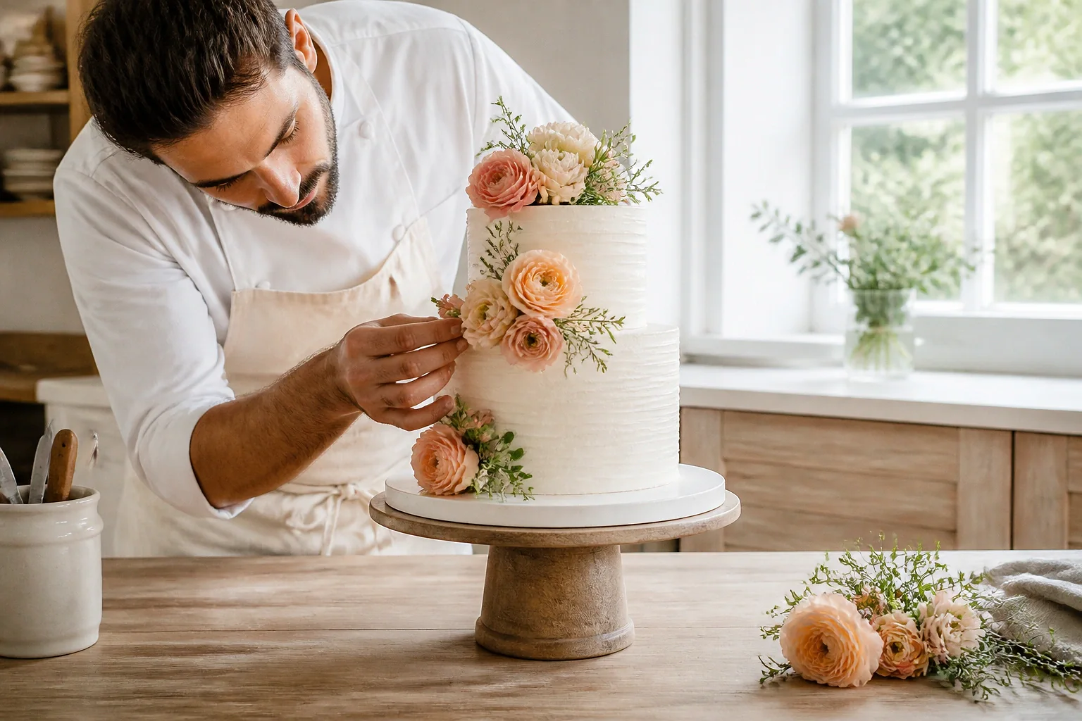 Gâteau de mariage préparé dans un atelier — illustration générée par IA