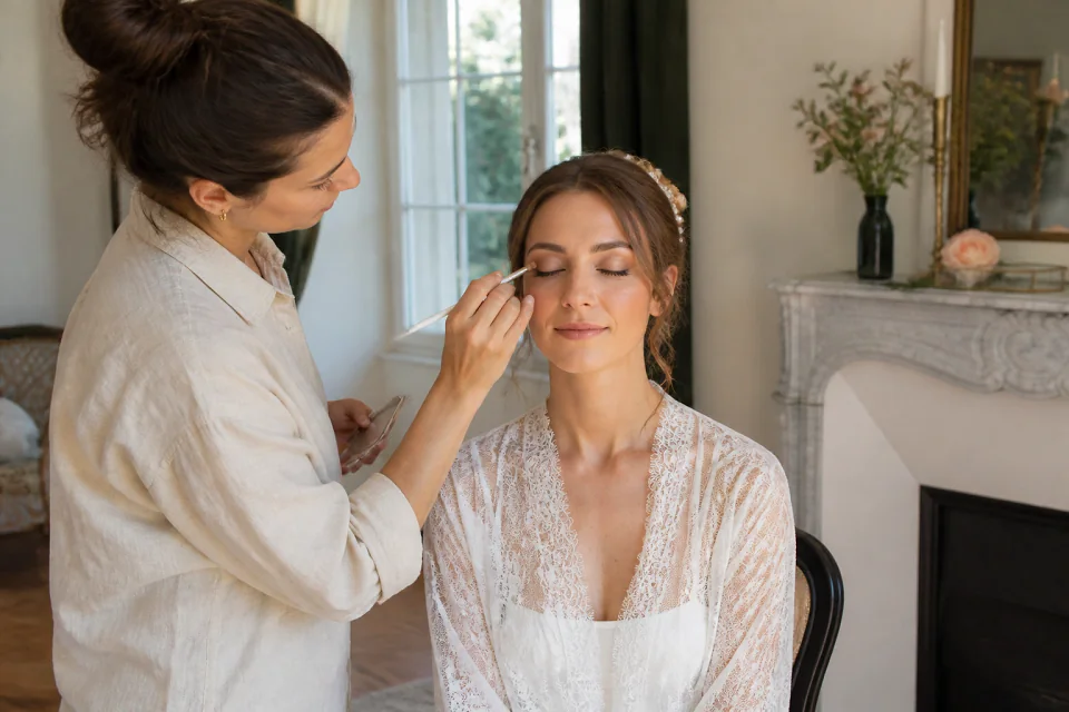Préparation d’un maquillage de mariage — illustration générée par IA