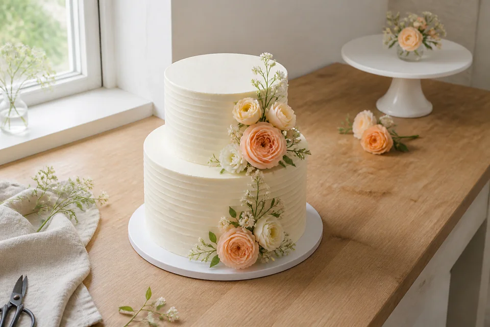 Gâteau de mariage préparé dans un atelier — illustration générée par IA