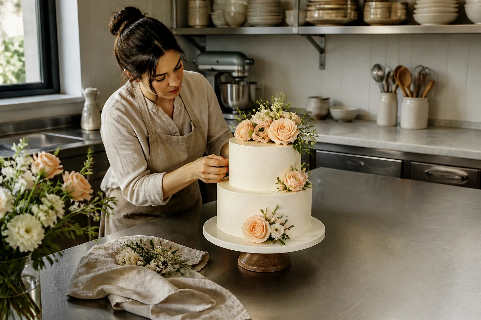 Gâteau de mariage préparé dans un atelier — illustration générée par IA