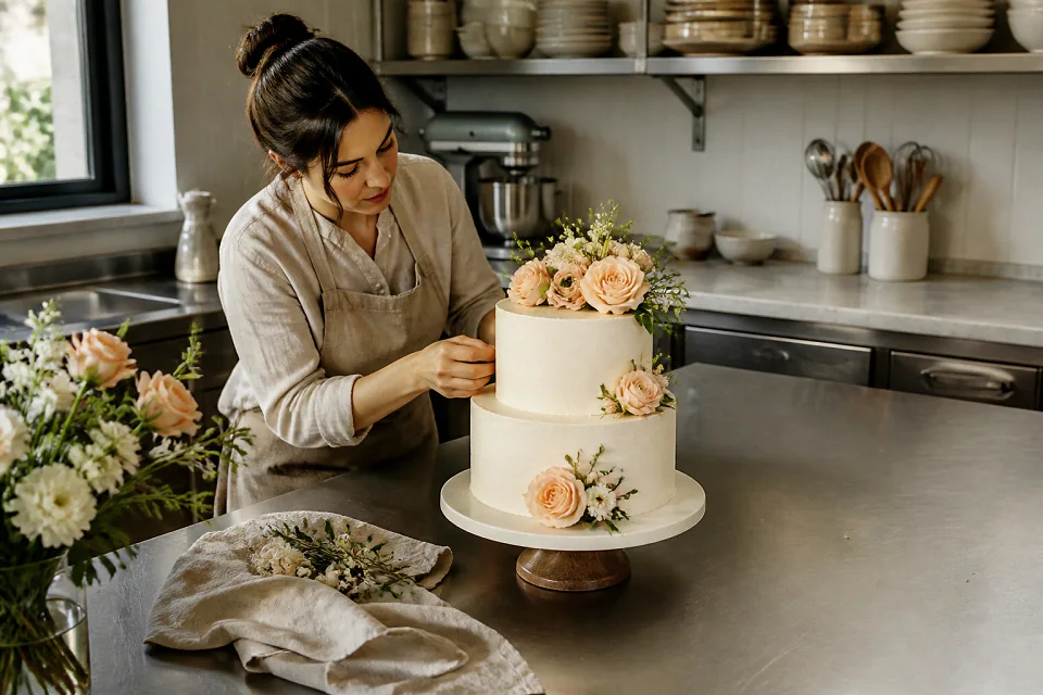 Gâteau de mariage préparé dans un atelier — illustration générée par IA
