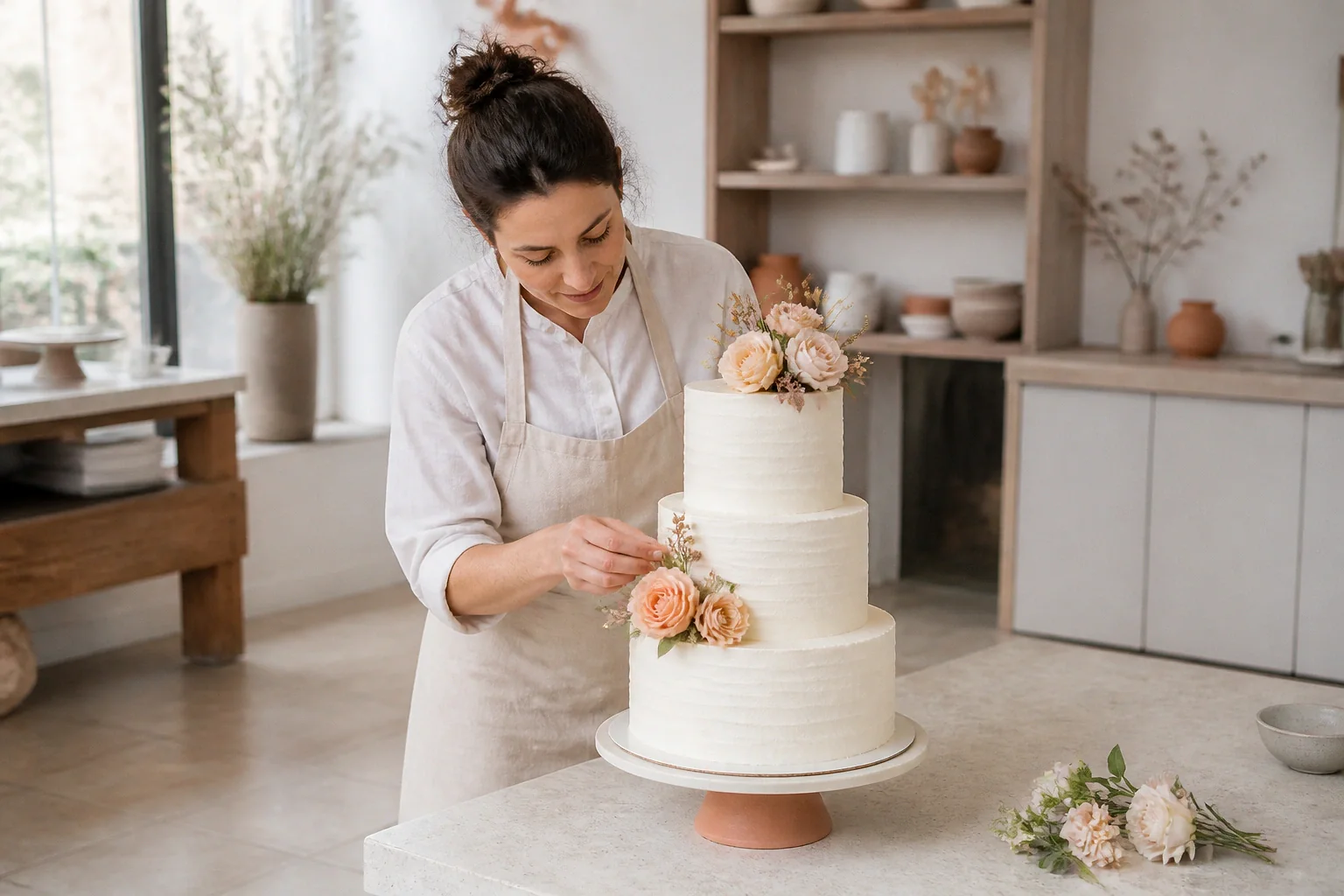 Gâteau de mariage préparé dans un atelier — illustration générée par IA