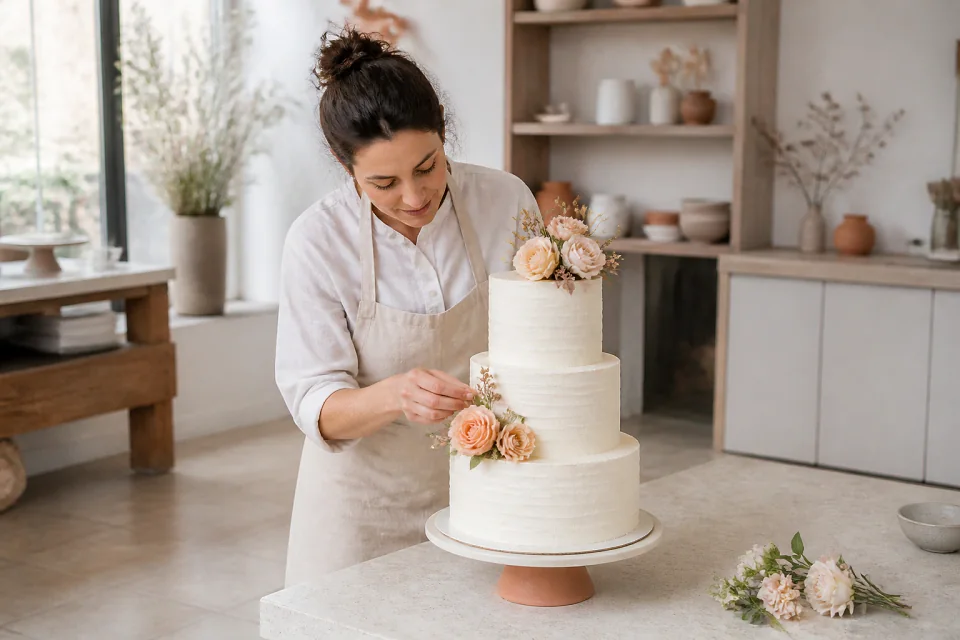 Gâteau de mariage préparé dans un atelier — illustration générée par IA