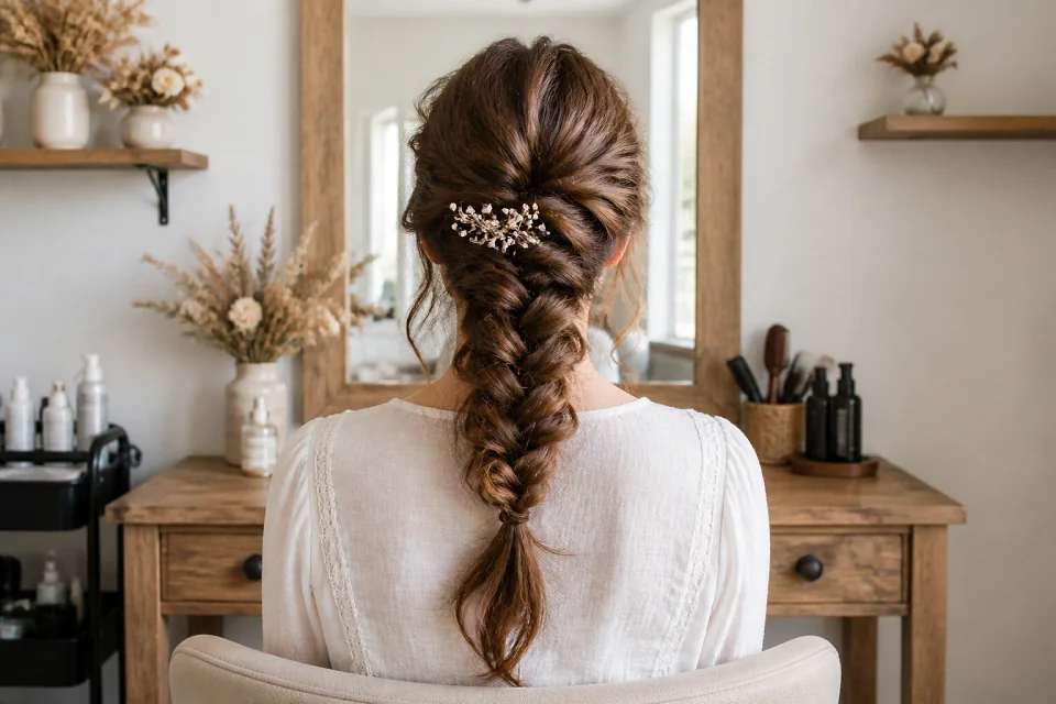 Coiffure de cérémonie vue pendant la préparation — illustration générée par IA