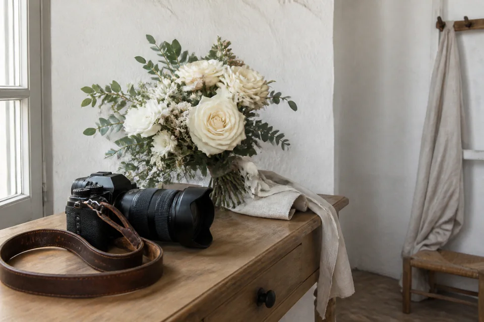 Appareil photo et accessoires de reportage de mariage — illustration générée par IA