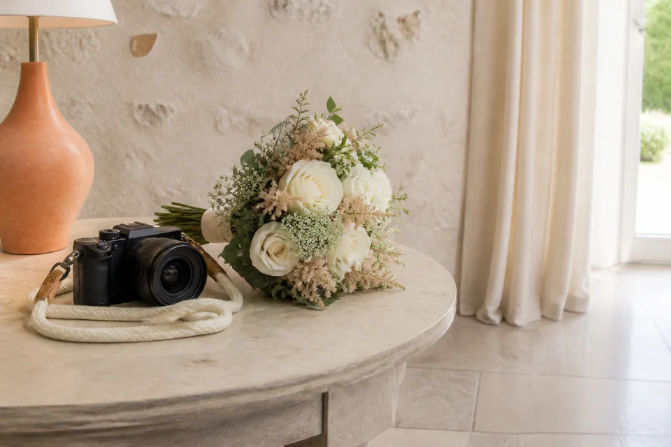 Appareil photo et accessoires de reportage de mariage — illustration générée par IA