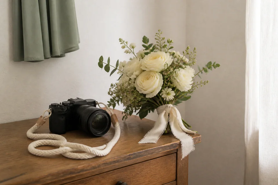 Appareil photo et accessoires de reportage de mariage — illustration générée par IA