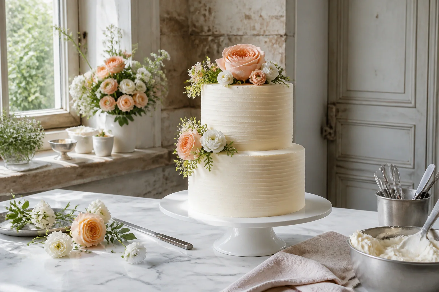 Gâteau de mariage préparé dans un atelier — illustration générée par IA