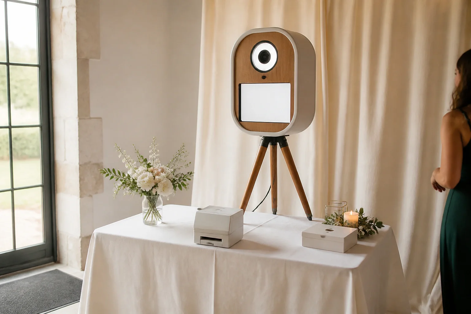 Borne photo installée pour une réception de mariage — illustration générée par IA