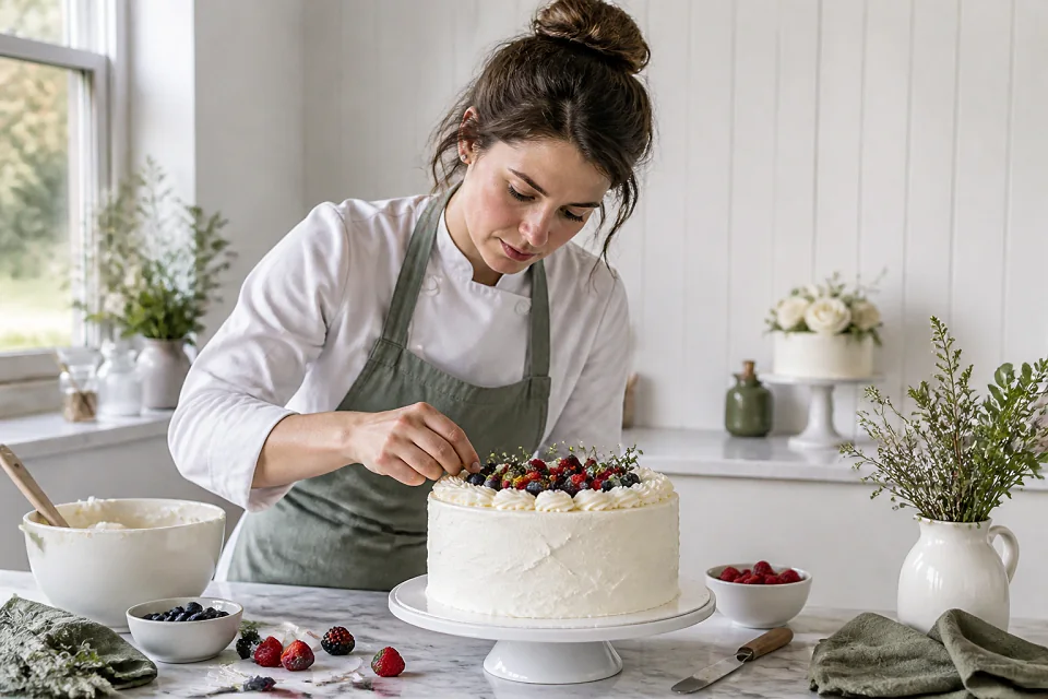 Gâteau de mariage préparé dans un atelier — illustration générée par IA