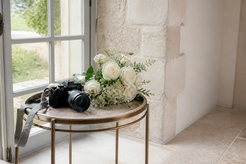 Appareil photo et accessoires de reportage de mariage — illustration générée par IA