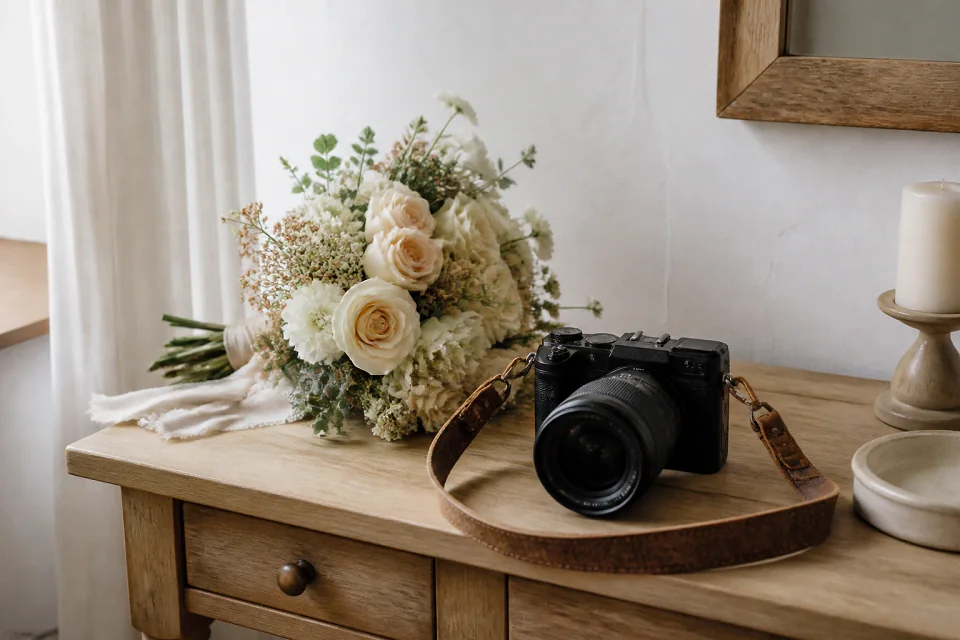 Appareil photo et accessoires de reportage de mariage — illustration générée par IA