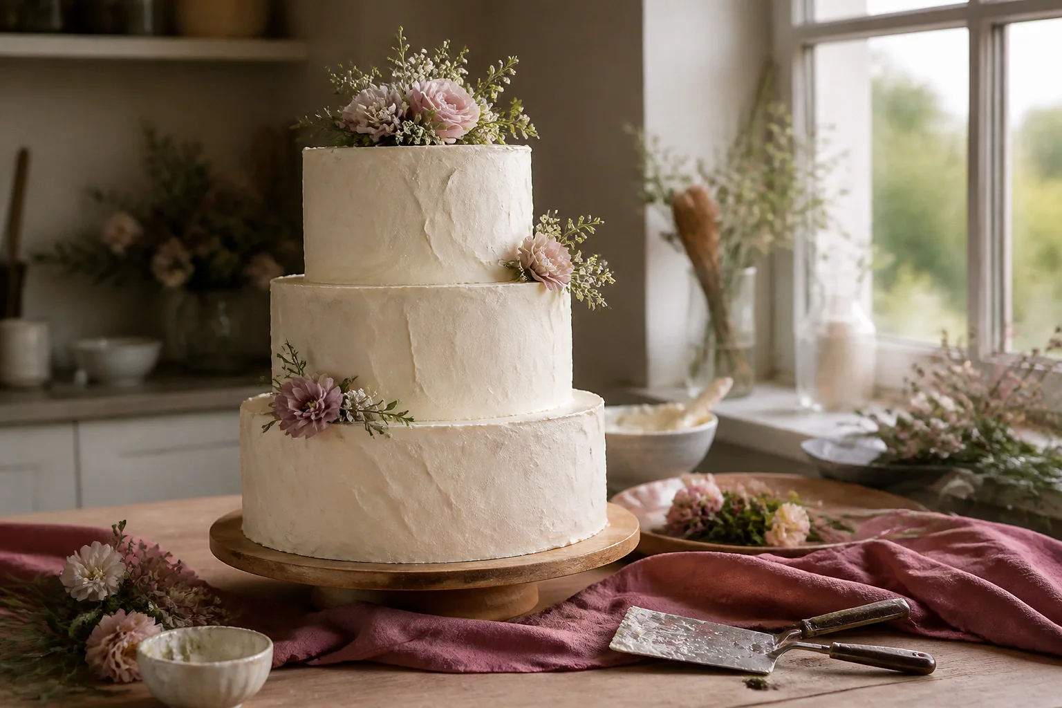 Gâteau de mariage préparé dans un atelier — illustration générée par IA