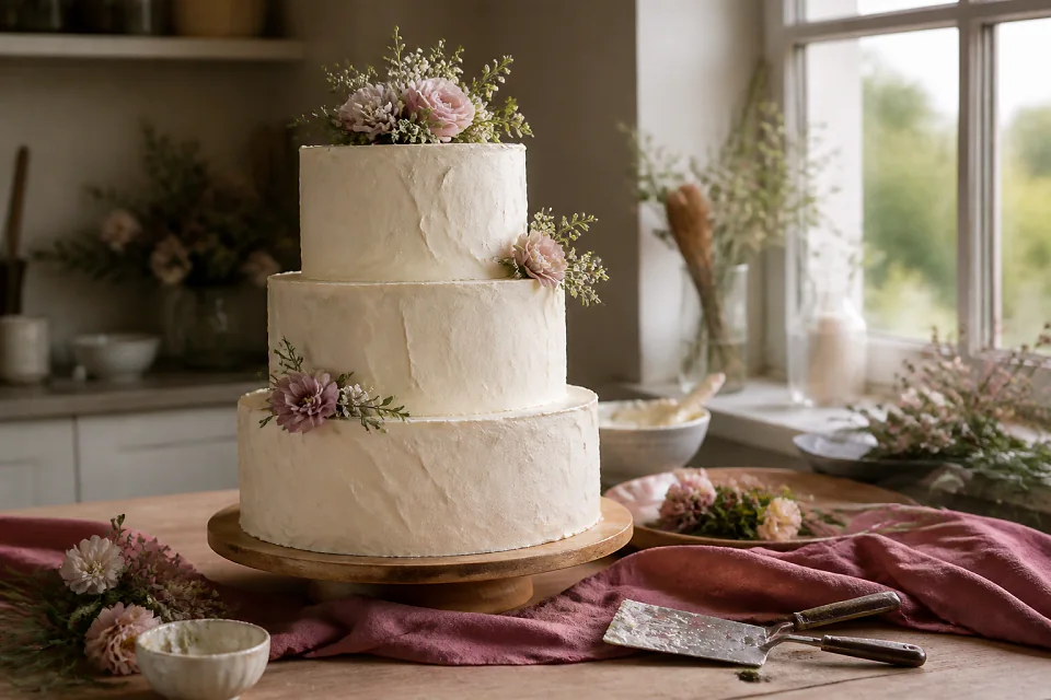 Gâteau de mariage préparé dans un atelier — illustration générée par IA