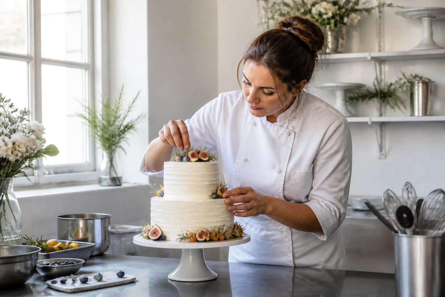 Gâteau de mariage préparé dans un atelier — illustration générée par IA
