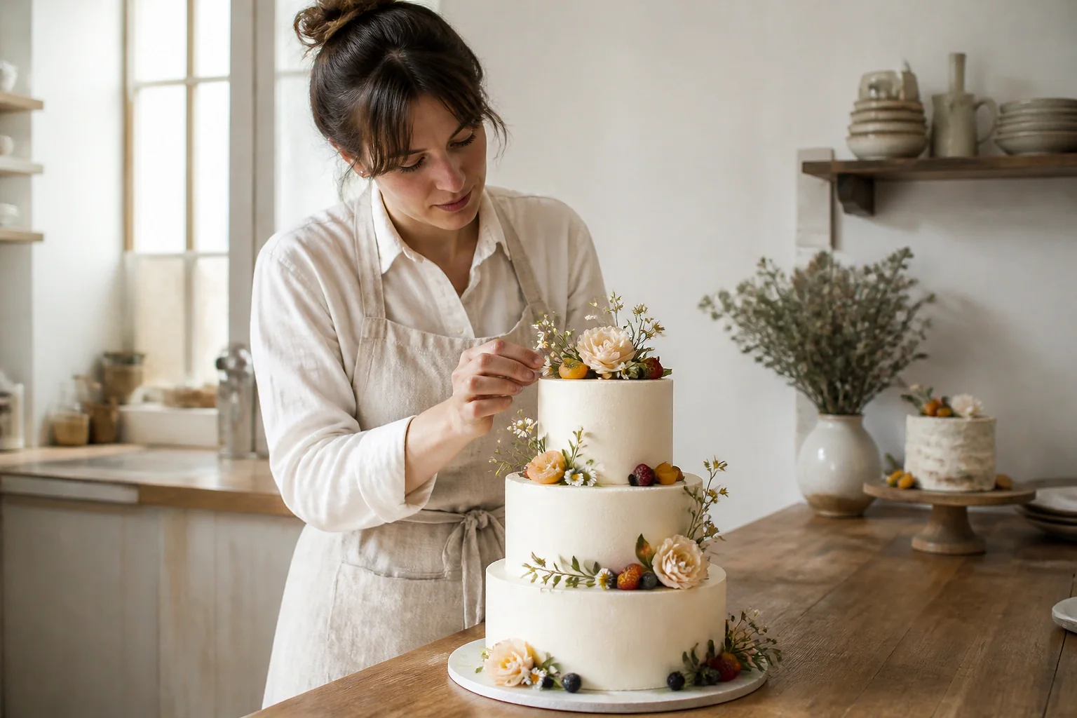 Gâteau de mariage préparé dans un atelier — illustration générée par IA