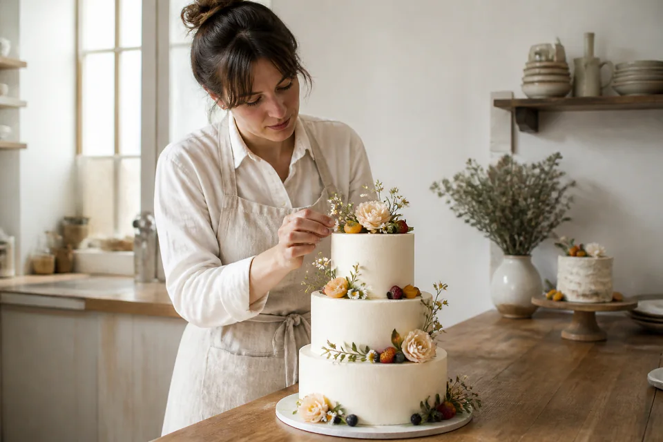 Gâteau de mariage préparé dans un atelier — illustration générée par IA