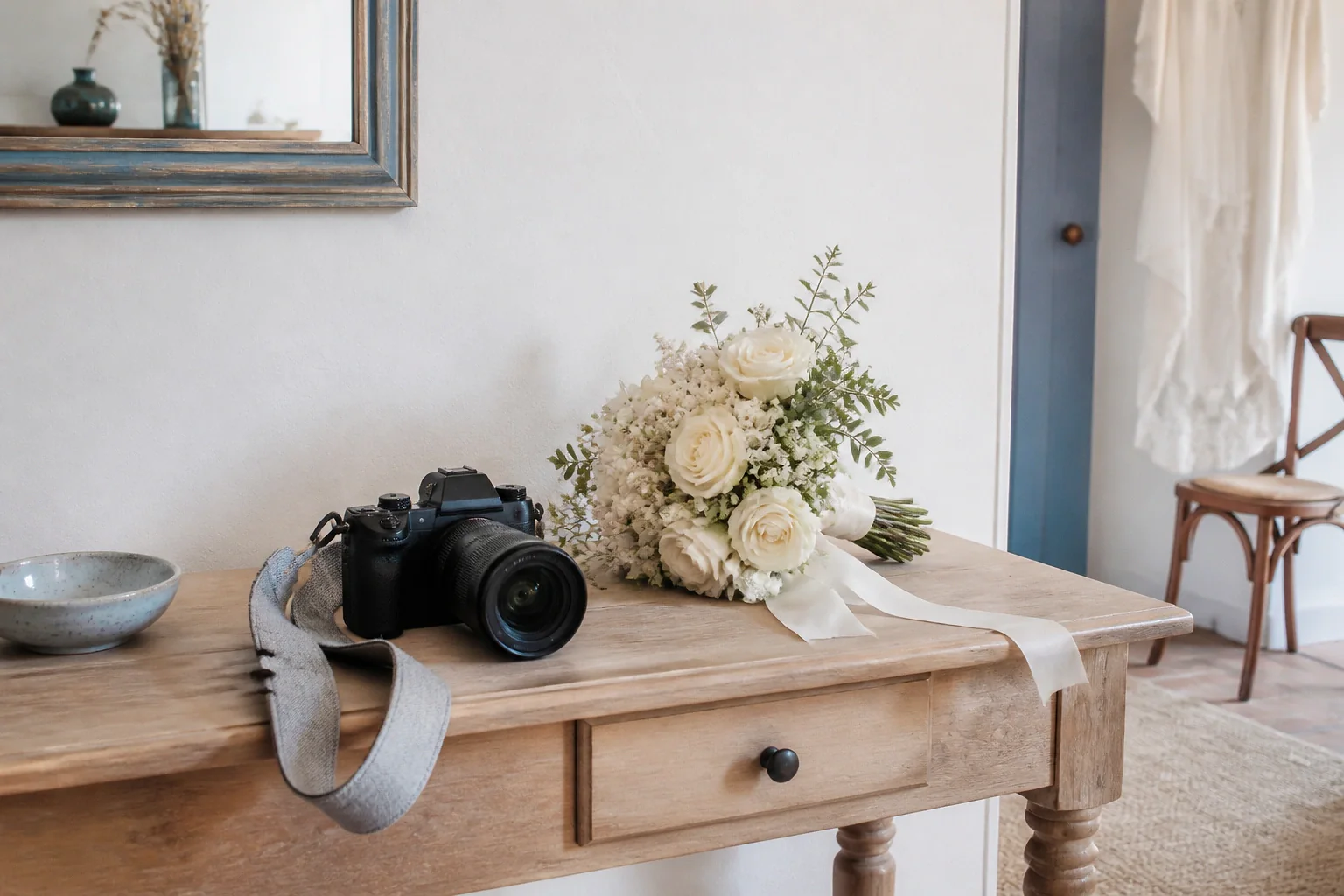 Appareil photo et accessoires de reportage de mariage — illustration générée par IA