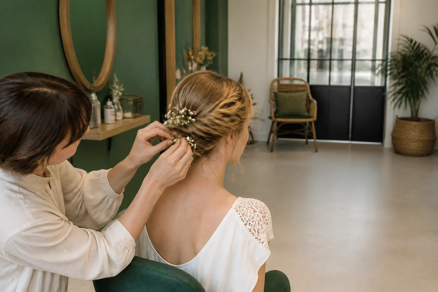 Coiffure de cérémonie vue pendant la préparation — illustration générée par IA