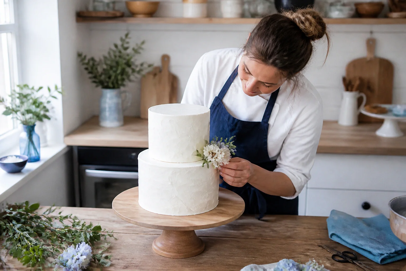 Gâteau de mariage préparé dans un atelier — illustration générée par IA