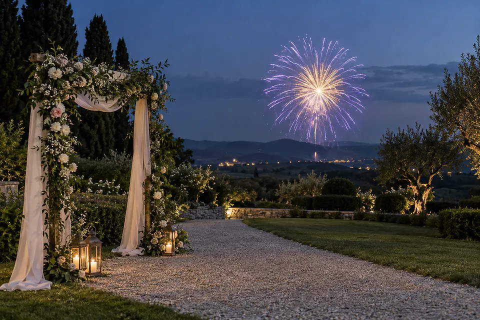 Feu d’artifice violet et doré vu depuis un jardin de cérémonie — illustration générée par IA