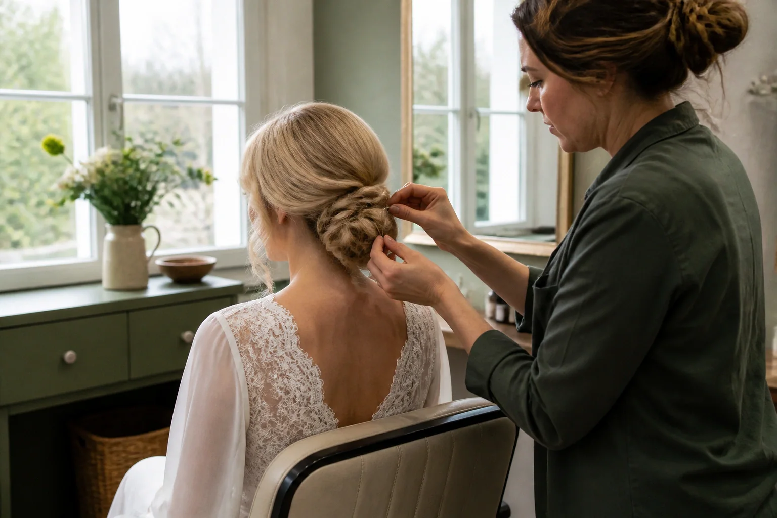 Coiffure de cérémonie vue pendant la préparation — illustration générée par IA