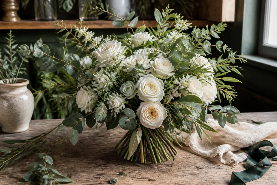 Préparation florale pour un mariage — illustration générée par IA