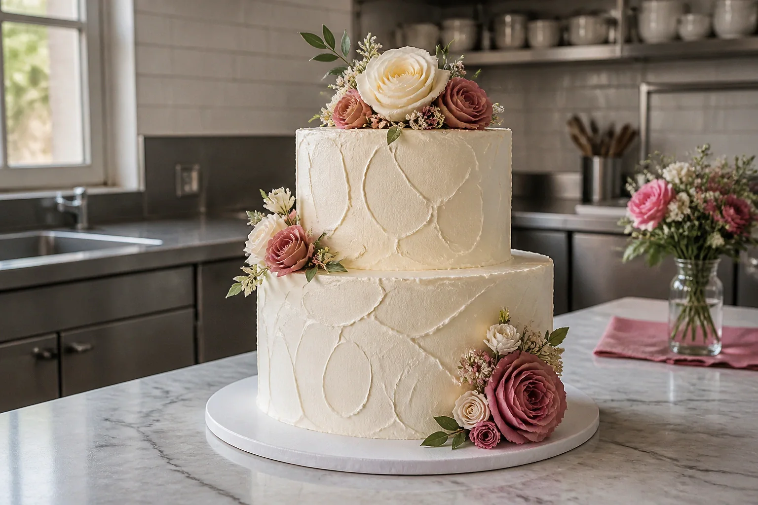 Gâteau de mariage préparé dans un atelier — illustration générée par IA