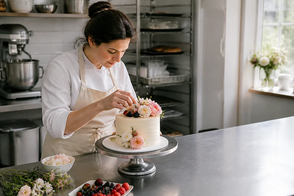 Gâteau de mariage préparé dans un atelier — illustration générée par IA