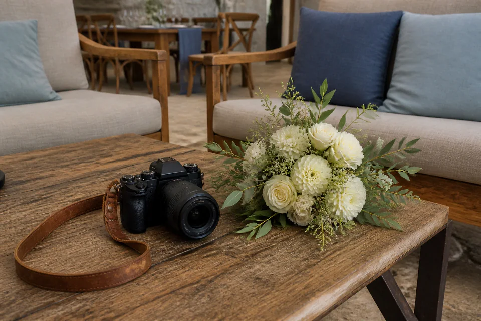 Appareil photo et accessoires de reportage de mariage — illustration générée par IA