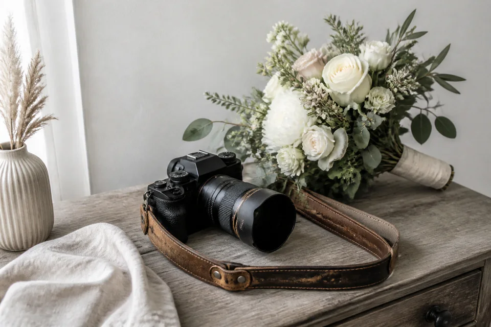 Appareil photo et accessoires de reportage de mariage — illustration générée par IA