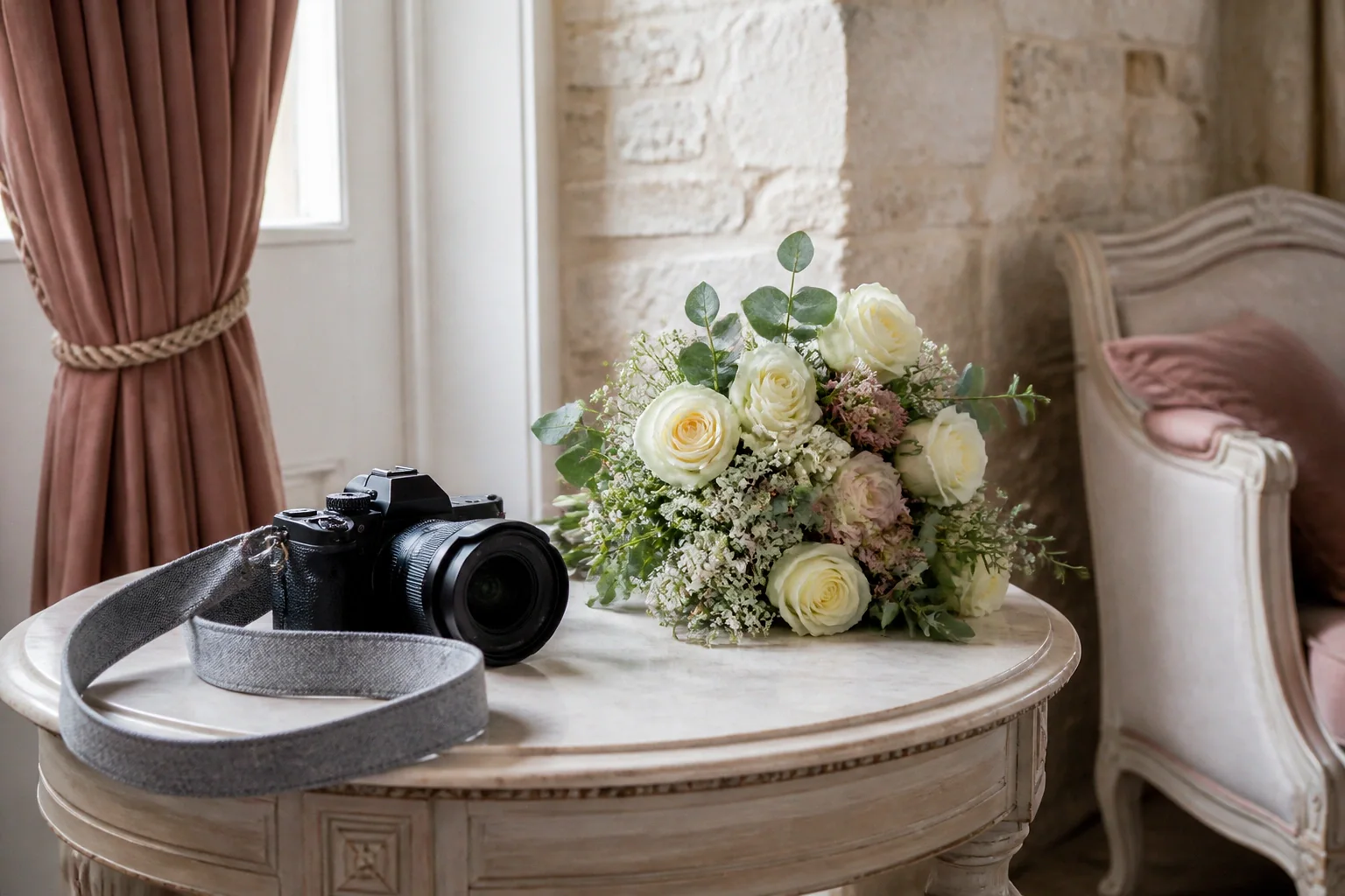 Appareil photo et accessoires de reportage de mariage — illustration générée par IA