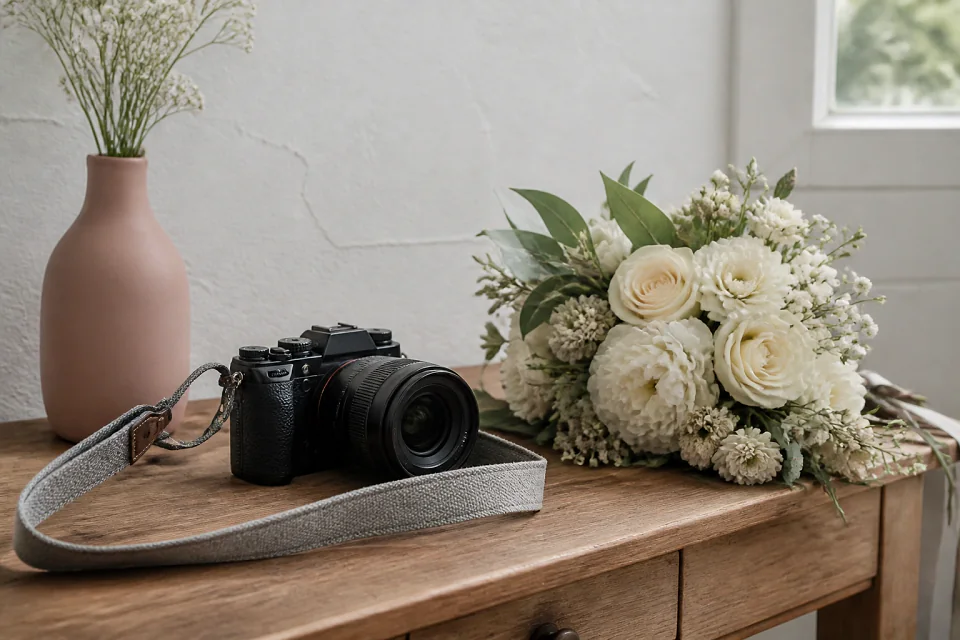 Appareil photo et accessoires de reportage de mariage — illustration générée par IA