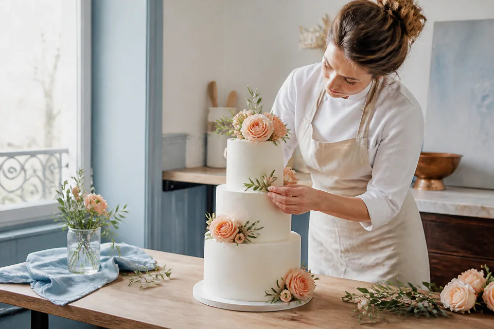 Gâteau de mariage préparé dans un atelier — illustration générée par IA
