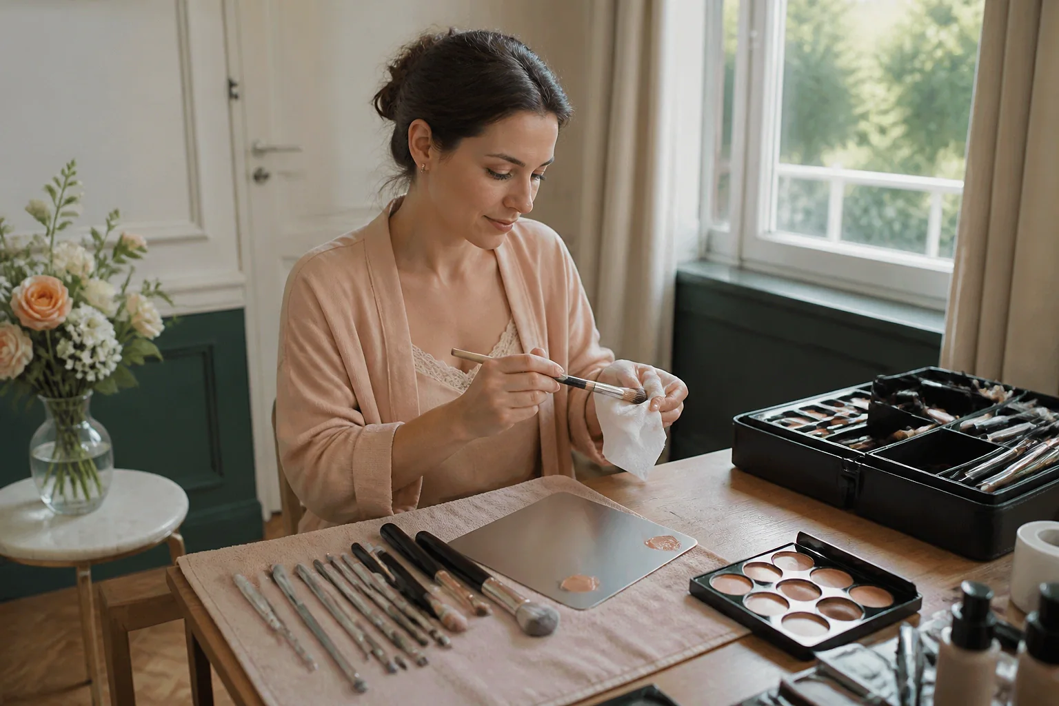Préparation d’un maquillage de mariage — illustration générée par IA