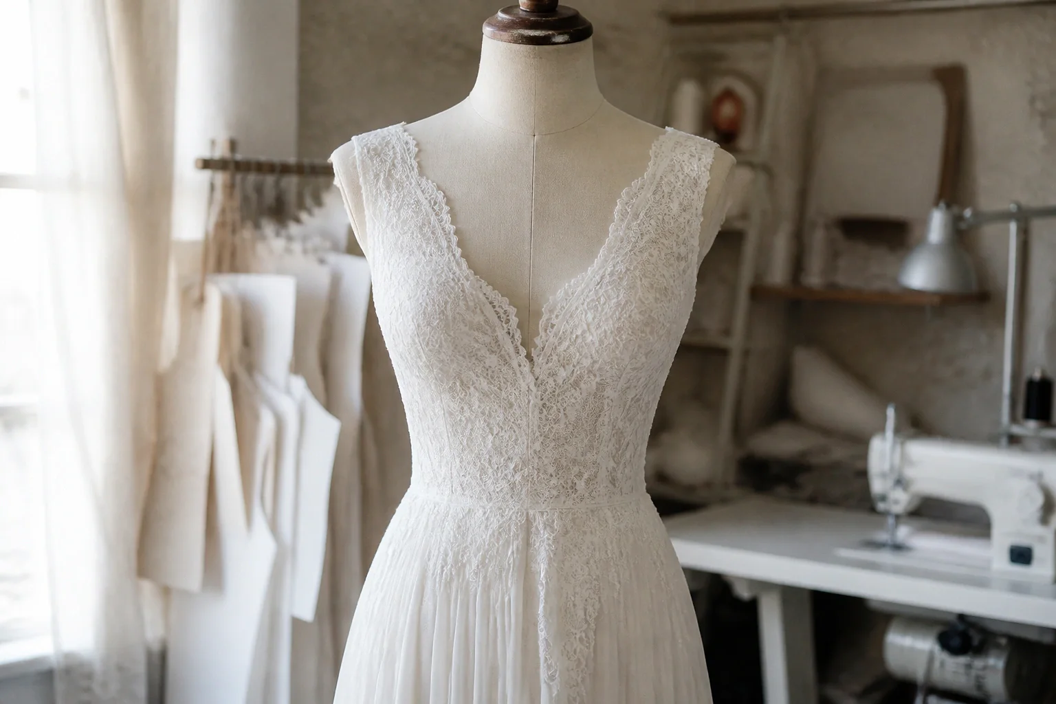Robe de mariée dans un atelier de confection — illustration générée par IA