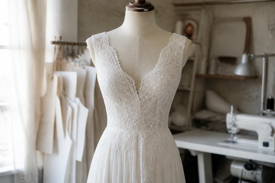 Robe de mariée dans un atelier de confection — illustration générée par IA