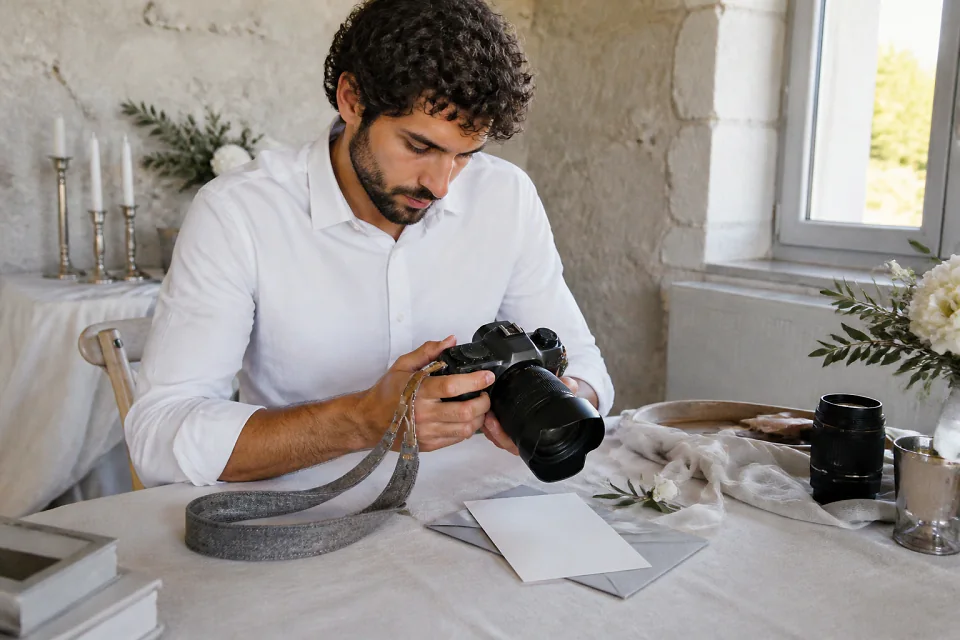 Appareil photo et accessoires de reportage de mariage — illustration générée par IA
