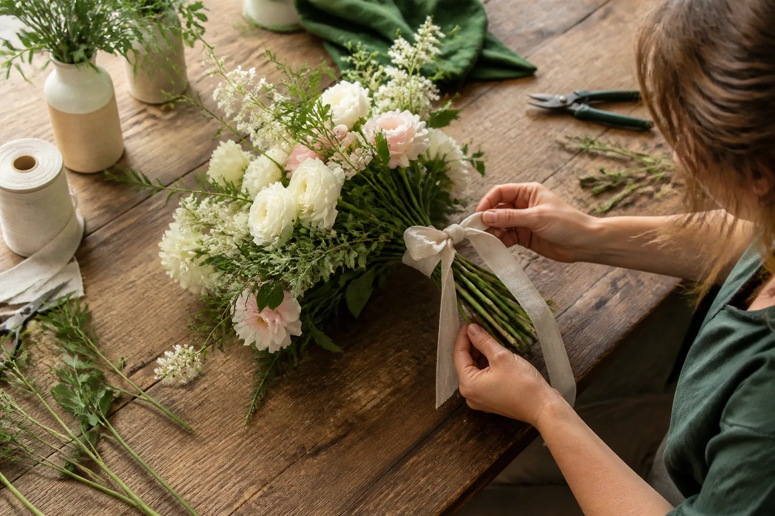 Préparation florale pour un mariage — illustration générée par IA