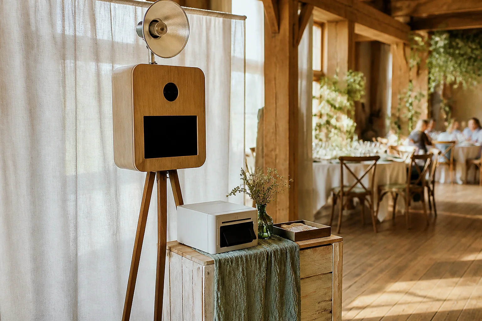 Borne photo installée pour une réception de mariage — illustration générée par IA