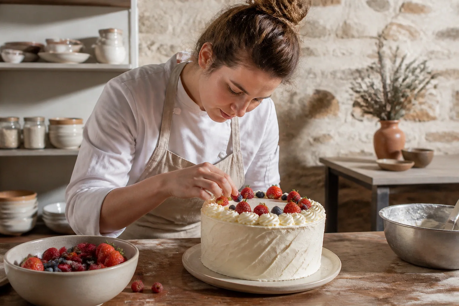 Gâteau de mariage préparé dans un atelier — illustration générée par IA