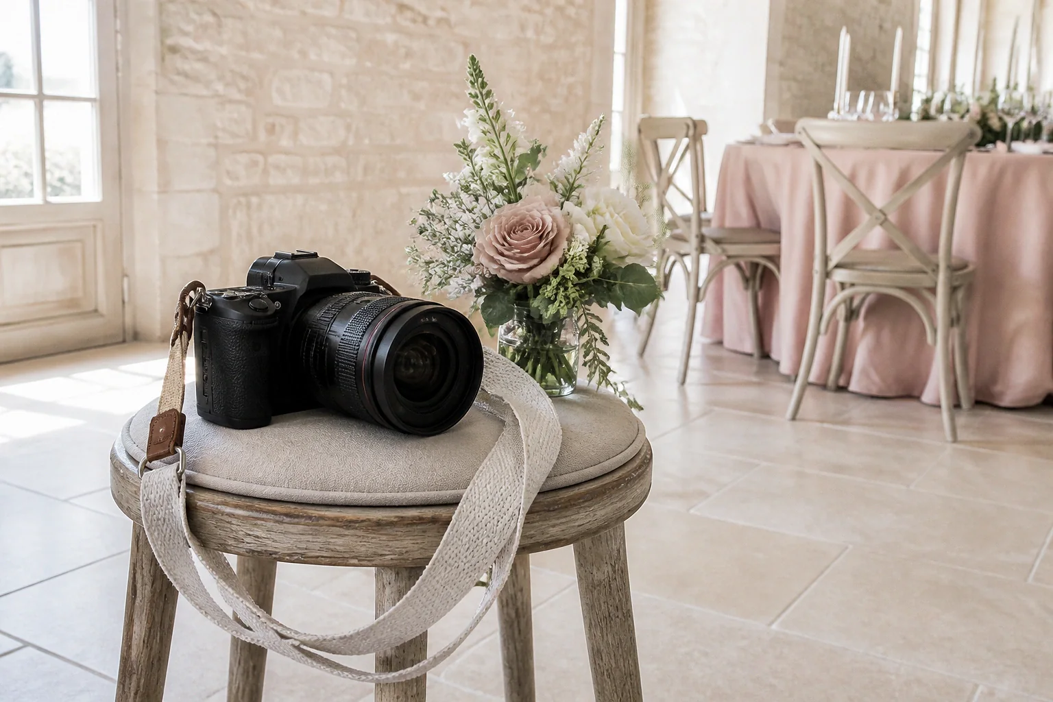 Appareil photo et accessoires de reportage de mariage — illustration générée par IA